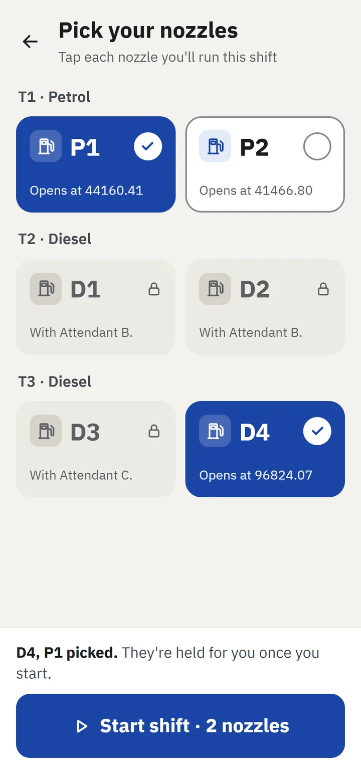 Attendant's screen: picking nozzles to start a shift, sample data