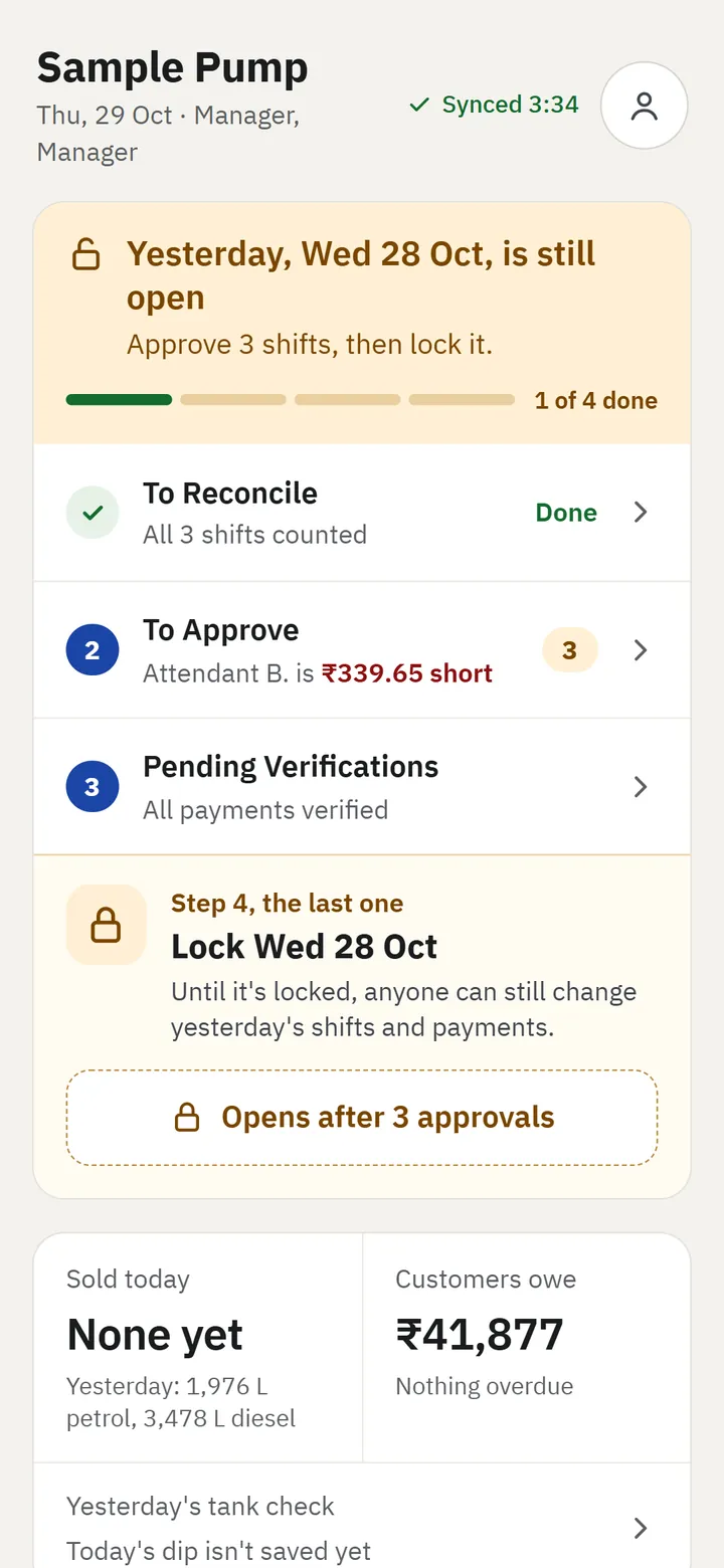 Manager's screen: shifts waiting for approval and the step to lock the day, sample data
