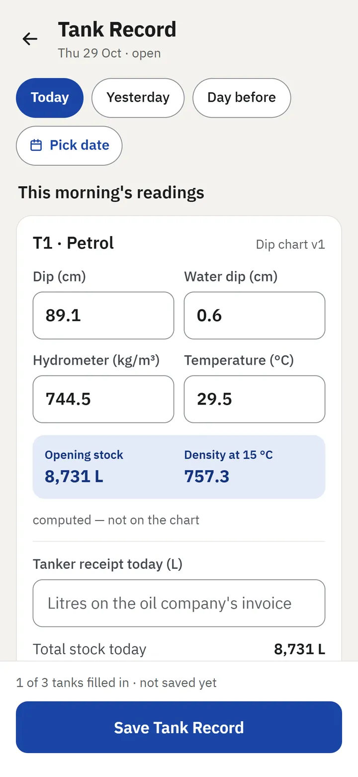 Tank record: dip, water dip, hydrometer and temperature, with the stock and density worked out, sample data